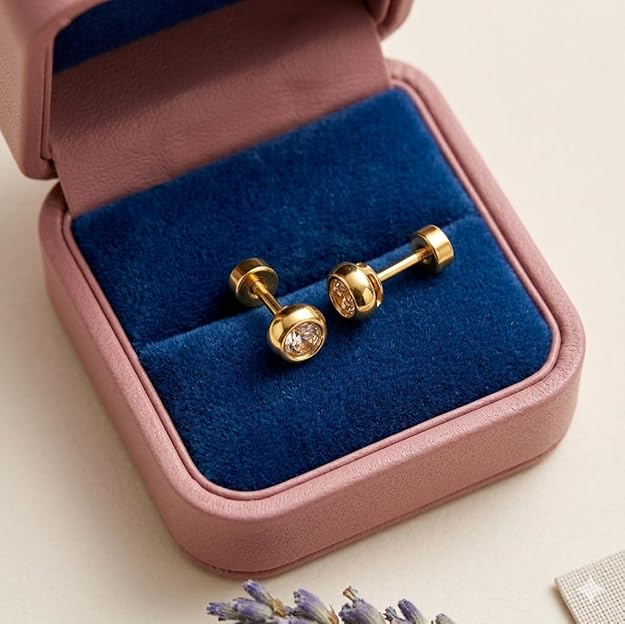 Gold Plated Screw Back Stud Earrings for Men & Women, Smooth Finish Shiny Golden Round Ear Piercing Studs, Anti-Tarnish