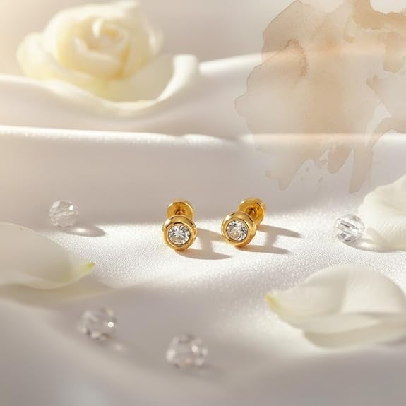 Gold Plated Screw Back Stud Earrings for Men & Women, Smooth Finish Shiny Golden Round Ear Piercing Studs, Anti-Tarnish