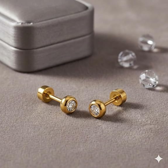 Gold Plated Screw Back Stud Earrings for Men & Women – Smooth Finish Shiny Golden Round Ear Piercing Studs, Anti-Tarnish Daily Wear Jewelry