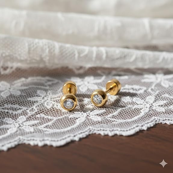 Gold Plated Screw Back Stud Earrings for Men & Women, Smooth Finish Shiny Golden Round Ear Piercing Studs, Anti-Tarnish