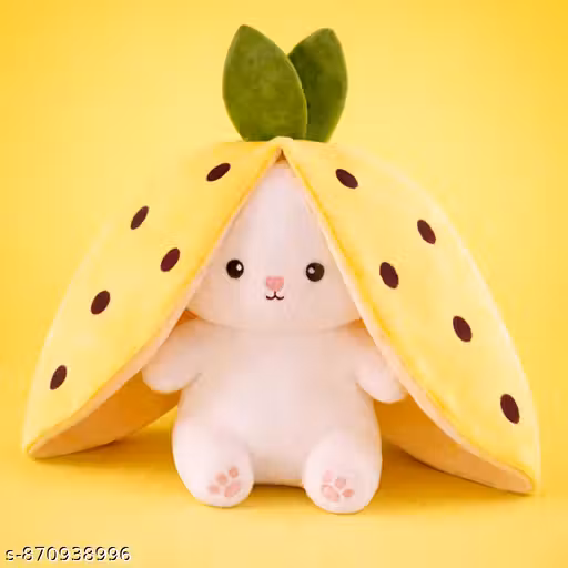 OSJS plush bunny toy for kids with pineapple cover yellow and white body, brown polka dots, green leaf topper, pink nose and paw pads, brown eyes- ideal gift for playtime