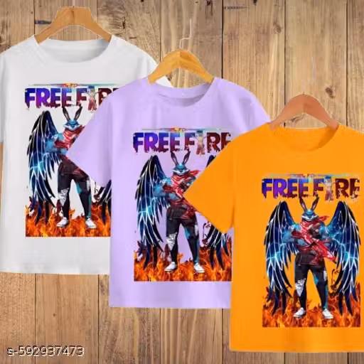 Combo Kids Free Fire/Kakashi Anime Lavender And Mustard Round Neck Kids Tshirt Pack Of 3