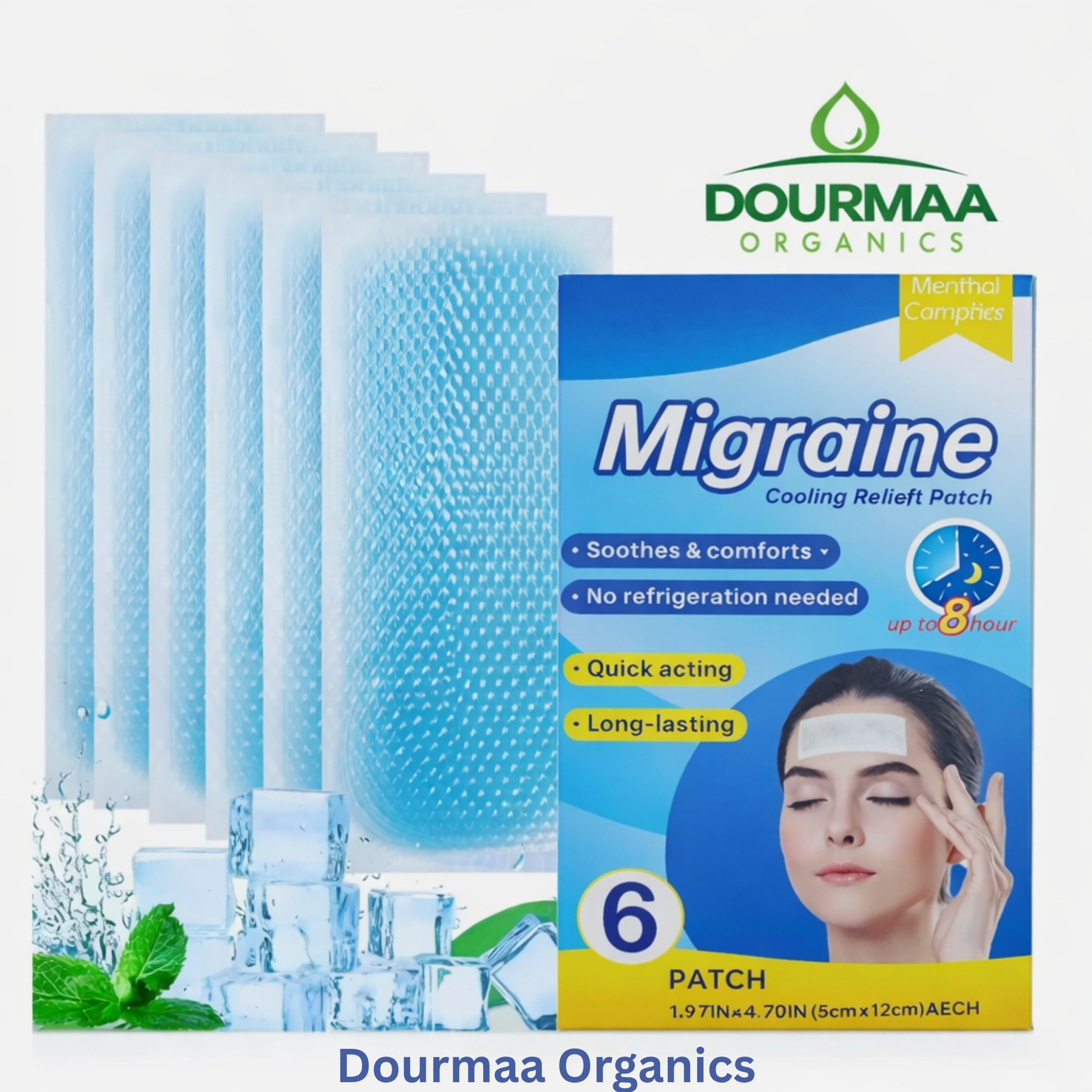 DOURMAA ORGANICS Instant Cooling Patch for Migraine, Headache & Fever Plaster & Patch (6 x 1 Patches)