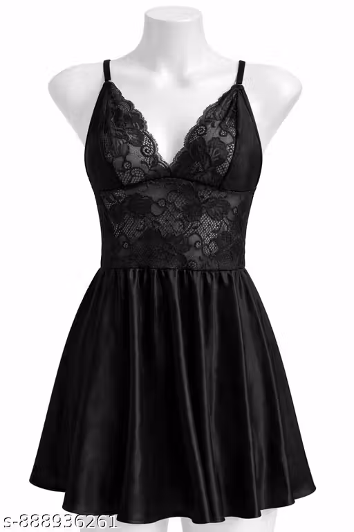 Romantic Lace Satin Babydoll Nightdress (Black)