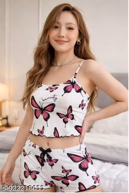 Butterfly Bliss Cotton Nightwear Set for Women (Stylish Crop Top & Shorts Combo)