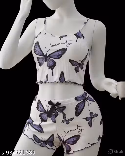 Butterfly Print Women Pajama Set Cute 2 Piece Sleepwear Cami Top Shorts | Spaghetti Strap Summer Nightwear | Soft Breathable Mini Nighty Ladies Night Suit for Date Night Honeymoon