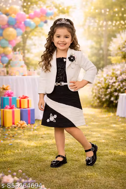 Elegant Girls Black & White Party Dress with Jacket | Stylish Toddler Outfit