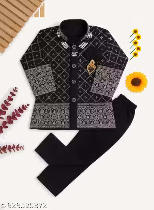 Boys' Black Embroidered Sherwani Style Indo-Western Set with Pearl Embellishments |Boys Ethnic Wear, Kids Sherwani, Indo-Western for Boys, Jodhpuri Suit for Kids, Bandhgala, Prince Suit