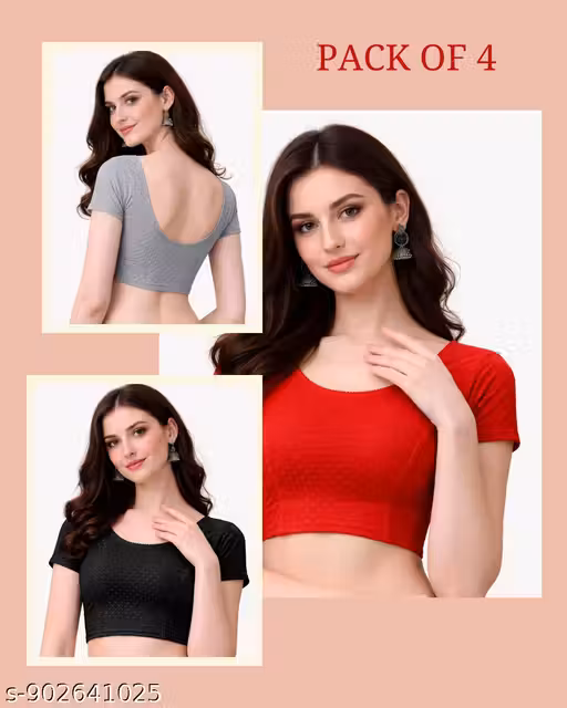Pack of 3 Women’s Stretchable Readymade Blouse Combo (Red, Black, Grey) | Round Neck Short Sleeve Saree Blouses | Comfortable Fit Daily & Party Wear