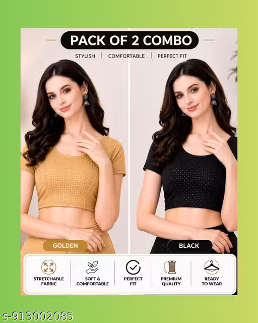 Pack of 2Multicolour Women's Blouses Stylish & Versatile-Perfect for Any Occasion! Breathable Fabric, Elegant Fit Women’s Trendy Blouse (golden & black)