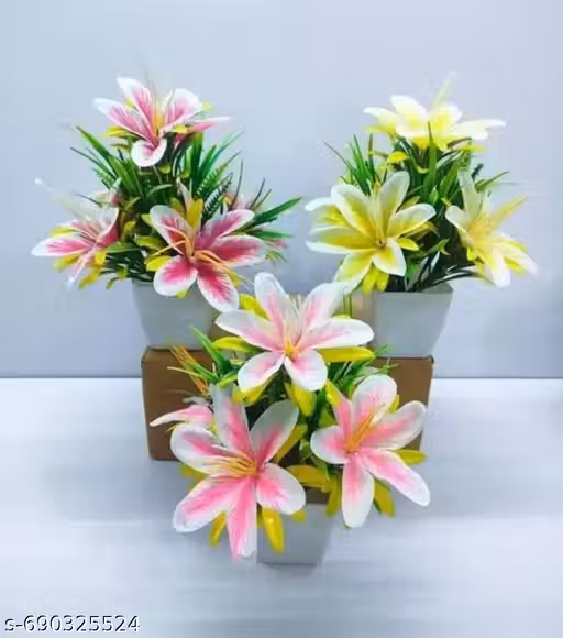 Multicolor Stylish Design Bonsai Lily Wild Flower Plant for Home/Office Decor Multicolor Lily Artificial Flower with Pot (7 inch, Pack of 3)