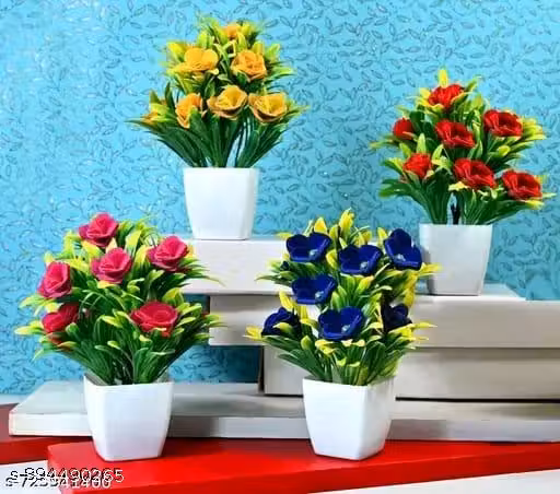 Pack of 4 Multicolor Artificial Rose Plants in White Pots – Glitter Decorative Faux Flowers for Home & Office Décor | Mini Tabletop Plants for Living Room, Desk & Shelf Decoration