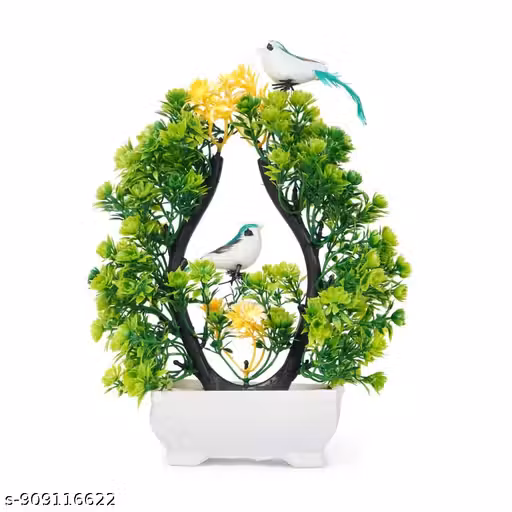 Artificial Bonsai Plant with Birds – Small Size Plastic Pot (24 cm, Green & Yellow) Indoor Home Decor Item for Living Room, Bedroom, Dining Table & House Decoration | Decorative Gifting Showpiece