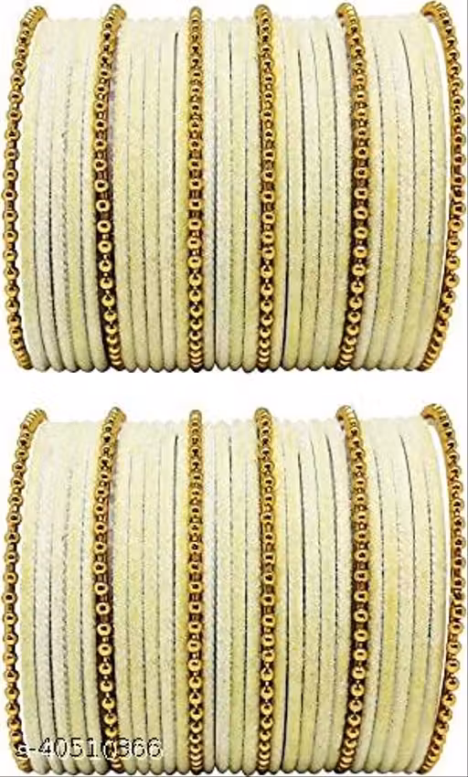 Dreamy Designs Beautifully Luxury Metal Bangle and Glass Bangles Set Shiny Cream Color Velvet Bangle or Golden Metal Bangles Punjabi Chuda Set For Women & Girl's Pack Off 60 Bangles Set Uses For Partywear, Wedding, Pooja, Festival.