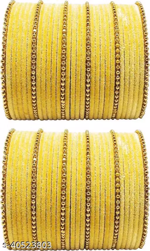 Dreamy Designs Beautifully Luxury Metal Bangle and Glass Bangles Set Shiny Yellow Color Velvet Bangle or Golden Metal Bangles Punjabi Chuda Set For Women & Girl's Pack Off 60 Bangles Set Uses For Partywear, Wedding, Pooja, Festival.