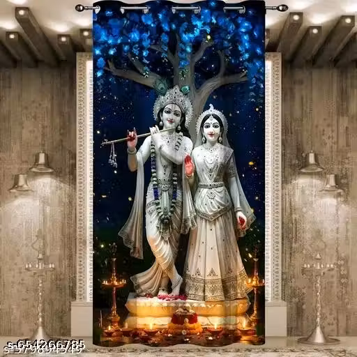 Blue White Radha Krishna Religious God Bhagwan Temple Printed Curtain For Door and Window (Pack of 1 pc)