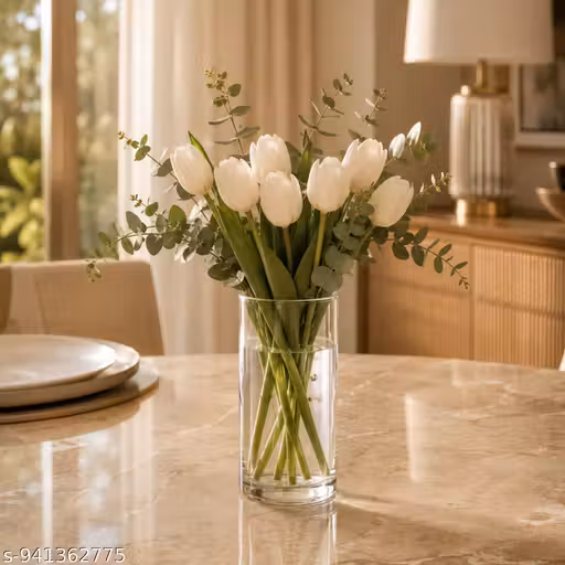 Transparent Cylindrical Glass Flower Vase | 8 Inch Clear Glass Vase for Home Decor, Dining Table, Living Room & Centerpiece Decoration