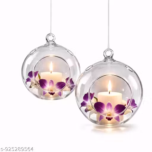 Hanging Glass Tealight Candle Holder 4 Inch | Transparent Round Hanging Candle Stand for Home Decor | Decorative Hanging Diya Holder by Hariji Glass Products (Set of 2)
