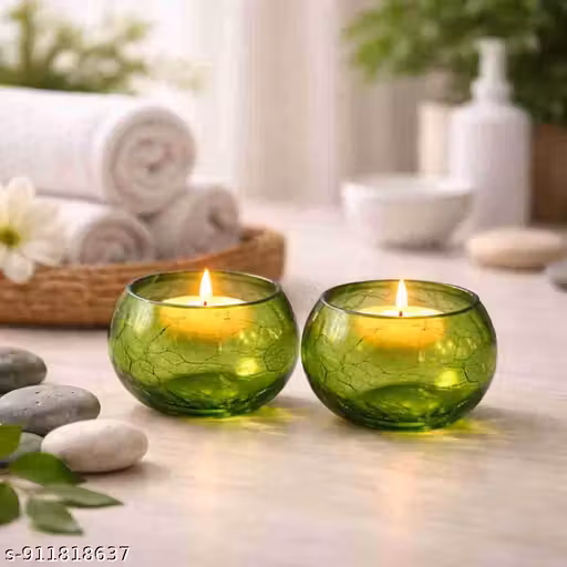 Set of 2 Emerald Green Crackled Glass Tealight Candle Holder | 3 Inch Decorative Candle Stand for Home Decor & Gifting by Hariji Glass Products