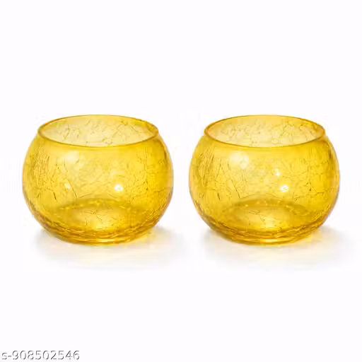 Set of 2 Crackled Glass Tealight Candle Holder | 3 Inch Golden Candle Stand for Home Decor, Diwali Decoration & Gifting
