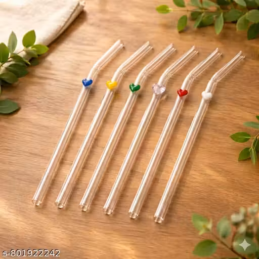 Premium Reusable Glass Heart Straws Set of 6 | Cute Colourful Bent Borosilicate Drinking Straws for Juice, Coffee & Smoothies | Stylish Eco-Friendly Drinkware