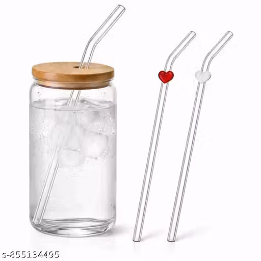 Hariji Glass Products Glass Tumbler with Lid & Straw Set | Drinking Glass Jar with 2 Heart Glass Straws & 1 Plain Straw | Juice Coffee Smoothie Glass Sipper | Transparent