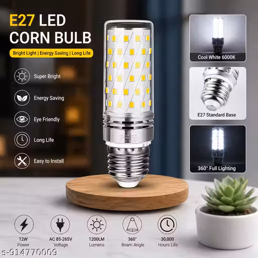 12W LED Corn Bulb E27 Base Super Bright Cool White Lamp for Bedroom, Kitchen & Shop