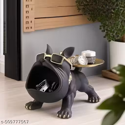 Cool Bulldog Deco French Bulldog Sculpture Resin Dog Statue Puppy DecorationWith Stainless Steel Tray For Key Organizer Candy Storage Box Table Decoration...