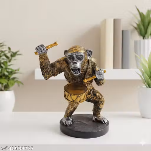 Decorative Bronze & Silver Chimpanzee Drummer Statue – Quirky Musical Monkey Figurine