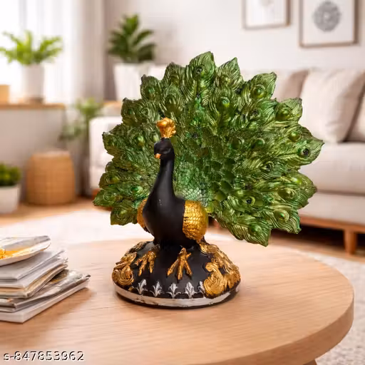 Decorative Peacock Showpiece for Home Decor – Luxury Resin Peacock Statue with Green Feather Design, Elegant Tabletop Figurine for Living Room, Office & Gift (Black & Gold Finish)