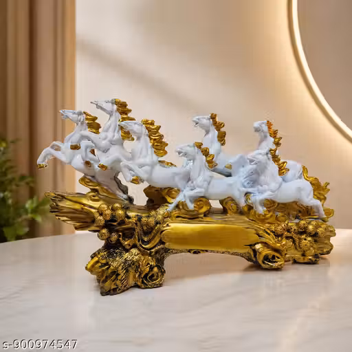 7 Running Horse Showpiece for Home Decor | White & Gold Resin Lucky Feng Shui Horse Statue | Living Room Office Decoration Gift Item
