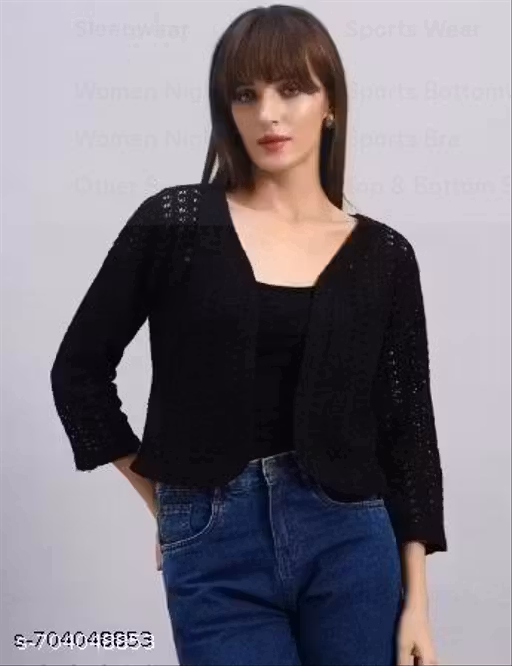Black solid open front regular shrug ,has short sleeves, straight hem