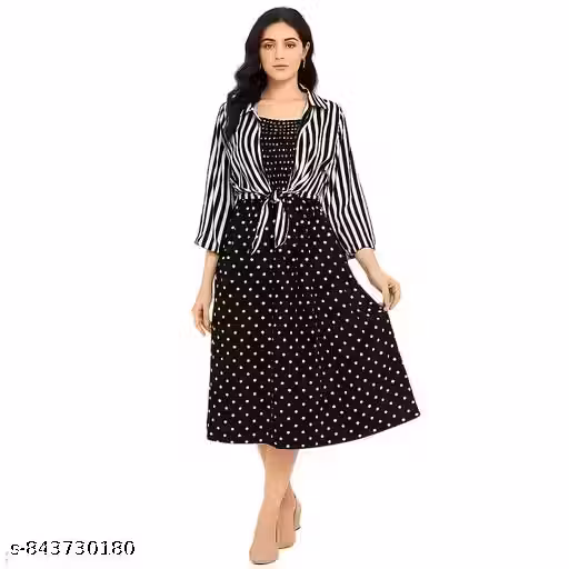 Fashion Senoraa Women’s Black Polka Dot Smocking Dress with Stripe Print Shrug | Square Neck Crepe Fabric Dress | Shoulder Strap Dress with 3/4 Sleeve Shrug | Casual & Stylish Outfit for Women
