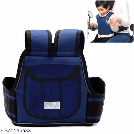 MOMSCAPE Premium Two Wheeler Kids Safety Belt Adjustable Harness Padded Strap Baby Carrier for Sitting Back or Front Seat Children Bag for Riding Scooter Bike for Boys Girls for 2 to 9 Years (Navy Blue)