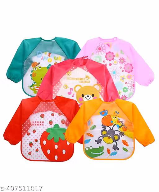 MOMSCAPE Full Sleeves Baby Feeding Bib Apron Waterproof Plastic Colorful Long Children Bib Cute Cartoon Animals Washable Drool Bib for Kids & Toddler (Pack Of 5)