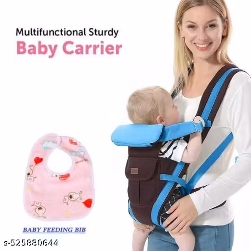 MOMSCAPE 4 in 1 Baby Carrier Bag Adjustable Kangaroo Bag Head Support, Padded Waist Safety Belt for Infant Mother Cuddler Carry Backpack- 0 to 2 Years (Black Blue) and 1pc Baby Feeding Bib Fast Dry Printed Apron
