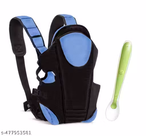 MOMSCAPE Premium 3 in 1 Baby Carrier Kangaroo Bag Ergonomic Adjustable Head Support, Padded Waist Safety Belt Sling Carry Backpack for Child and Mother Travel - 3 to 24 Months (Blue Black) and Newborn Silicone Spoon Kids Self Feeding Training Spoon Soft T