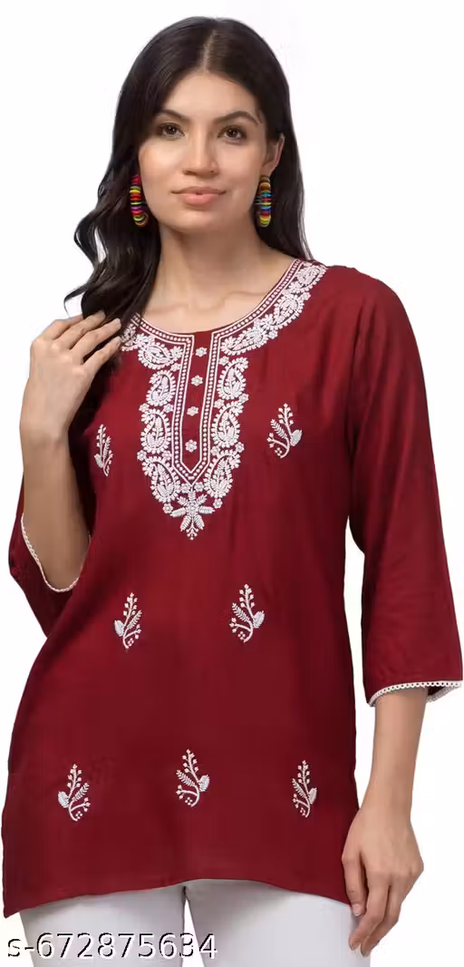 Stylish Retro Rayon Short Kurti Kashmiri Embroidered Ethnic Casual Tunic Top Kurta