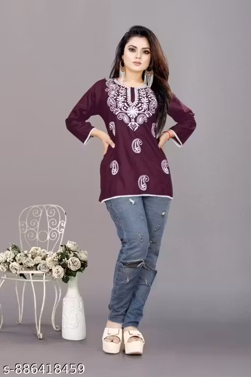 Rayon Short Kurti Lucknowi Chikankari Embroidered Ethnic Casual Tunic Top Kurta for Women