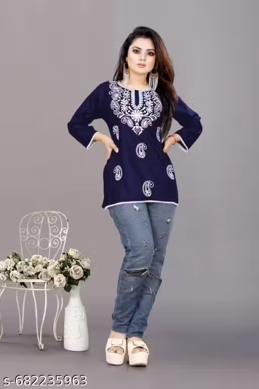 Rayon Lucknowi Chikankari Embroidered Floral Print Short Kurti