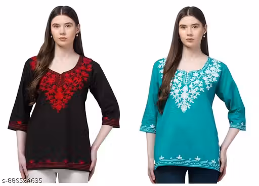 Women Embroidered Pure Cotton Short Kurti Floral Pattern (Pack of 2)