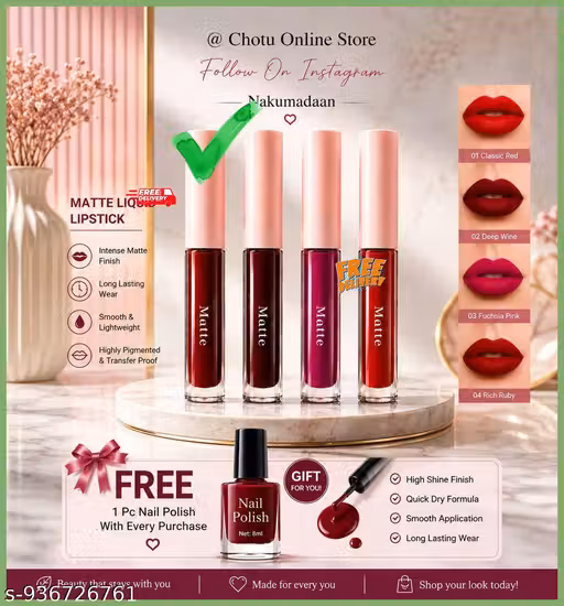 4 Lipsticks & Free 1 Nail Polish Combo ( Pack of 1 )