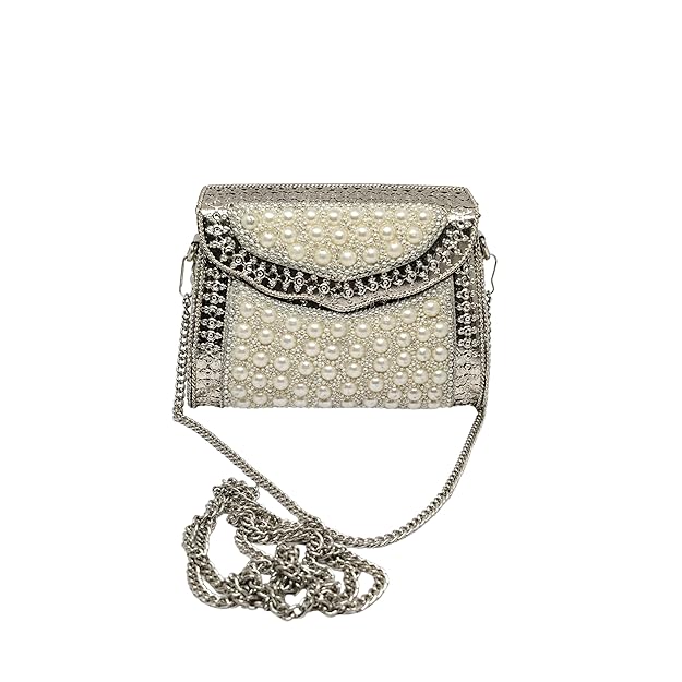 Metal Bag for Women, Silver Pearl Embellished Clutch Purse with Chain Strap