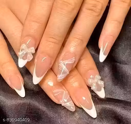 24 pc Reusable Artificial Fake Nail Set | Base peach color with White Bow Design Glossy Nails | Lightweight & Long Lasting | Quick Fix For Festivals