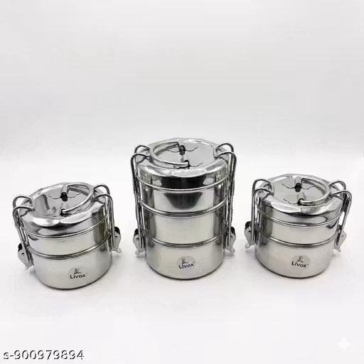 Pack of 3 Stainless Steel 2-Compartment + 3-Compartment Tiffin Box with Strong Locking Clips