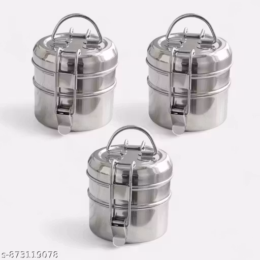 Pack of 3 Stainless Steel 2-Compartment Tiffin Box with Strong Locking Clips – Durable, Leak-Proof, Lunch Box for Office, School, Travel & Meal Storage