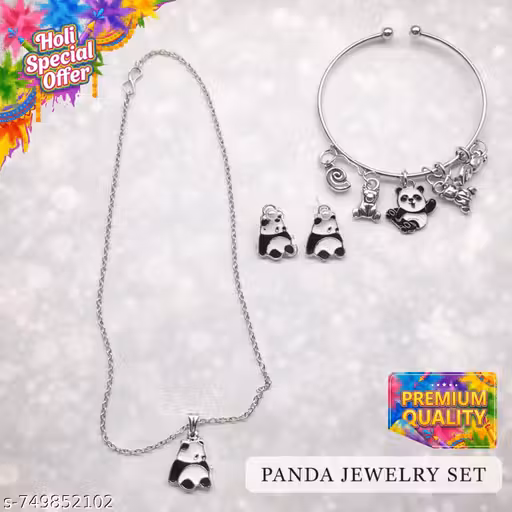 Premium Panda Jewelry Set - 3PC Silver Necklace Bracelet Earrings | Holi Special Gift for Girls & Women