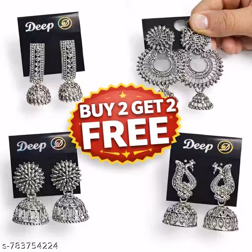 Buy 2 Get 2 Free Oxidised Silver Jhumka Earrings | Peacock Chandelier Floral Jhumki Combo | Traditional Indian Ethnic Jewelry for Women