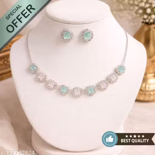 Mint Green Pink Crystal Necklace Set | Silver Plated AD Stone Jewelry | Party Wear Necklace with Earrings | Pastel Color Fashion Jewelry Set for Women | Wedding Guest Jewelry