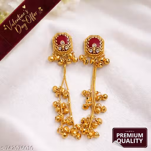 Gold Plated Red Stone Jhumka Earrings with Ghungroo Danglers | Valentine Special Long Earrings for Women | Premium Quality